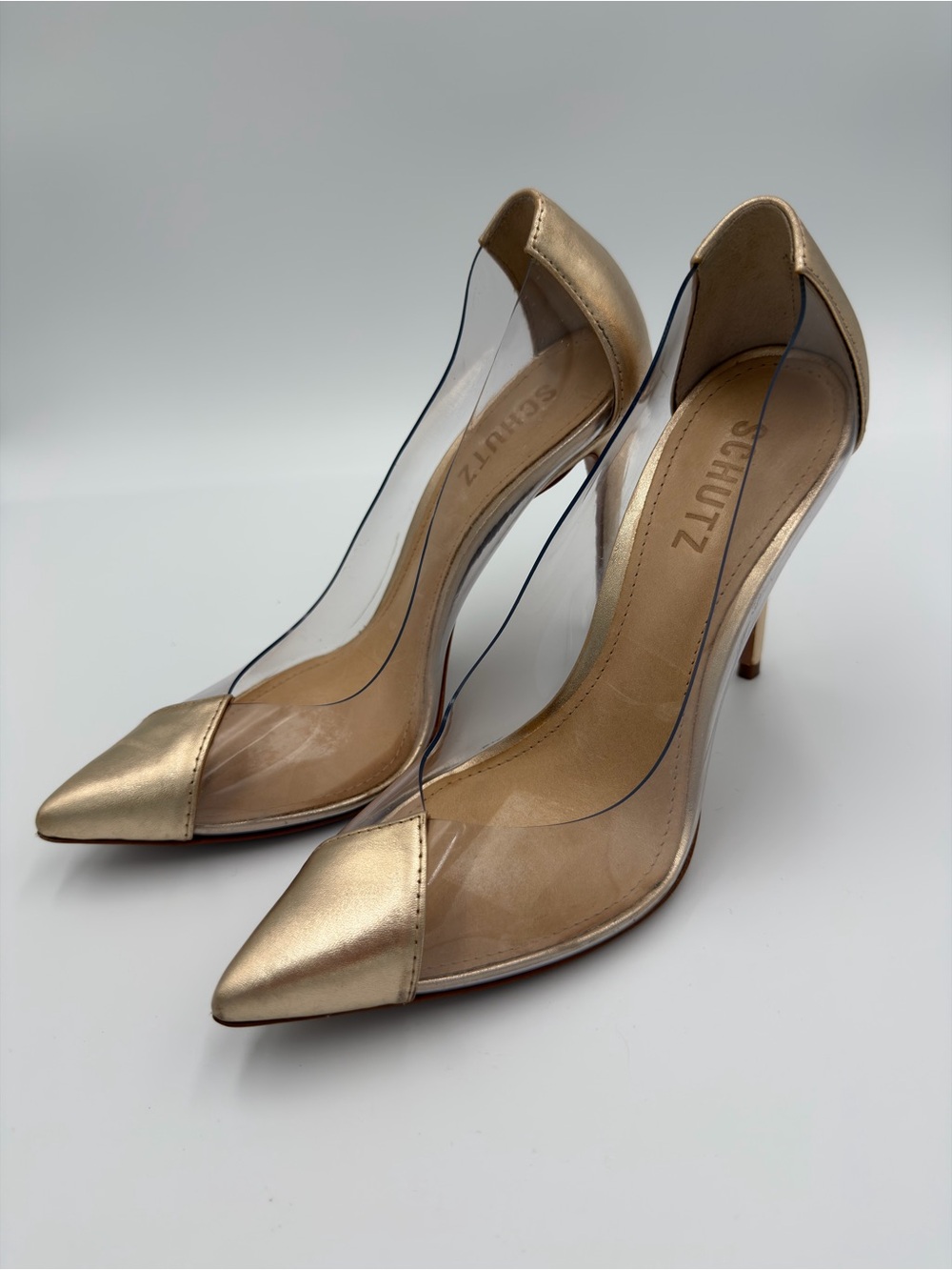 SCHUTZ Cendi Gold Metallic Transparent Pointed Toe Clear Stiletto Pumps Size 6B